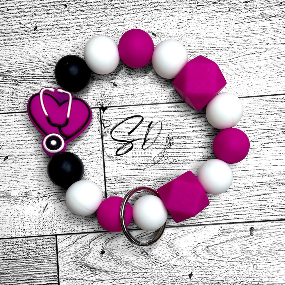 Stethoscope Silicone Wristlet, Pink White, Black